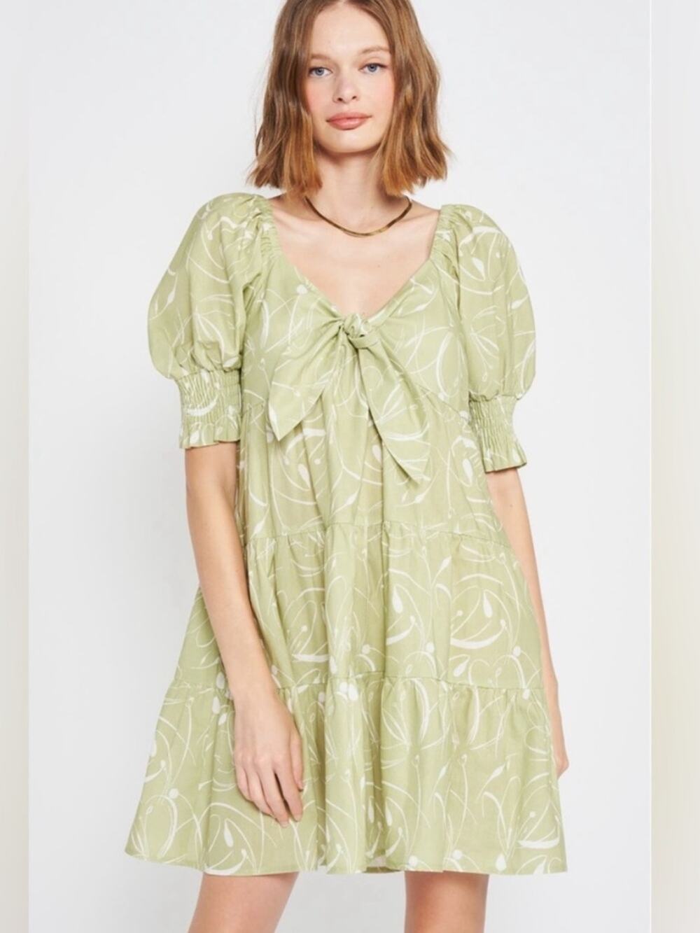EN SAISON Idrissy Mini Dress Green Floral Puff Sleeve Bow Front Open Back Small